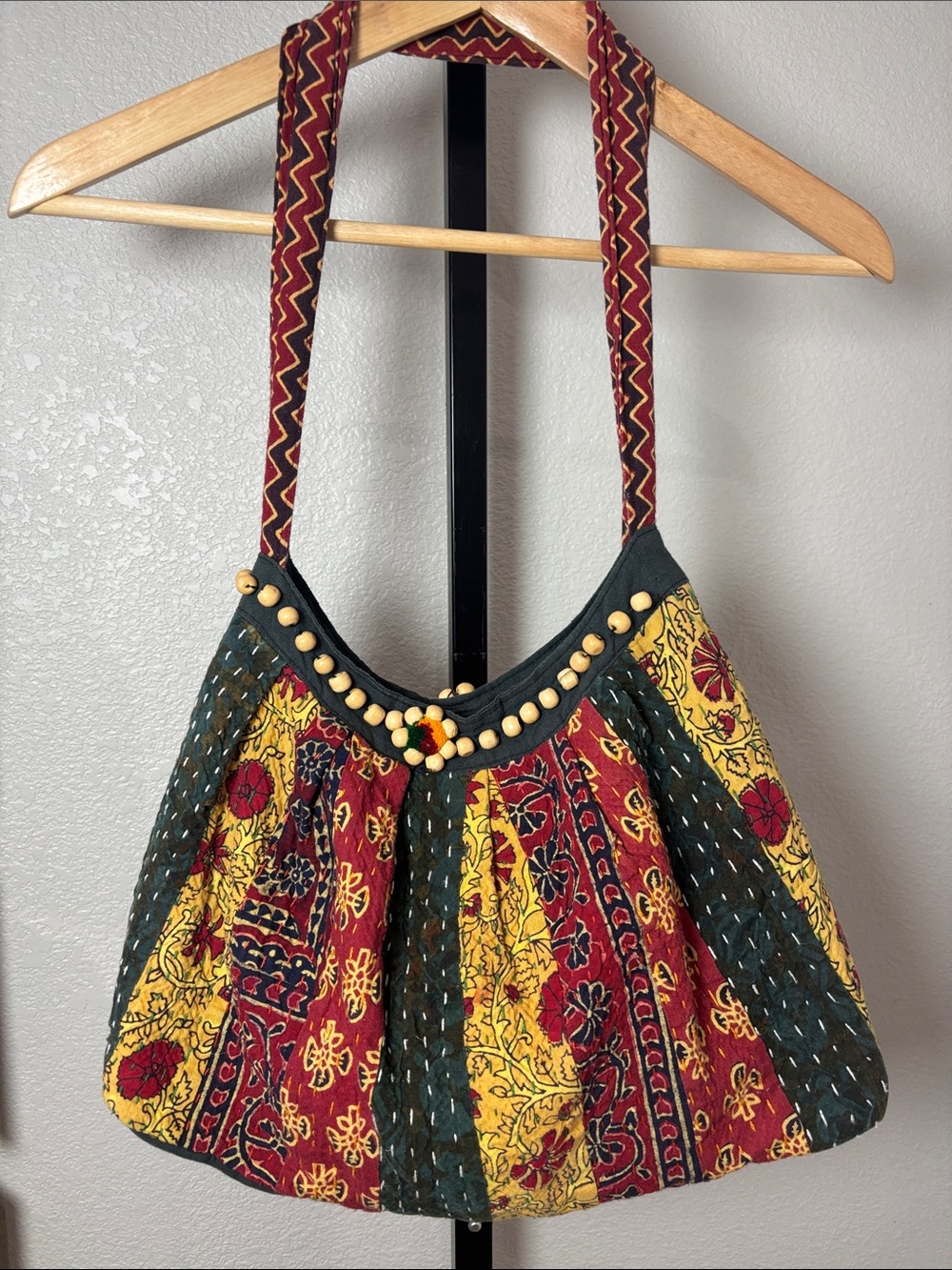 Handcrafted patchwork Boho Shoulder Bag with Red, Yellow & Green Panels 10x10